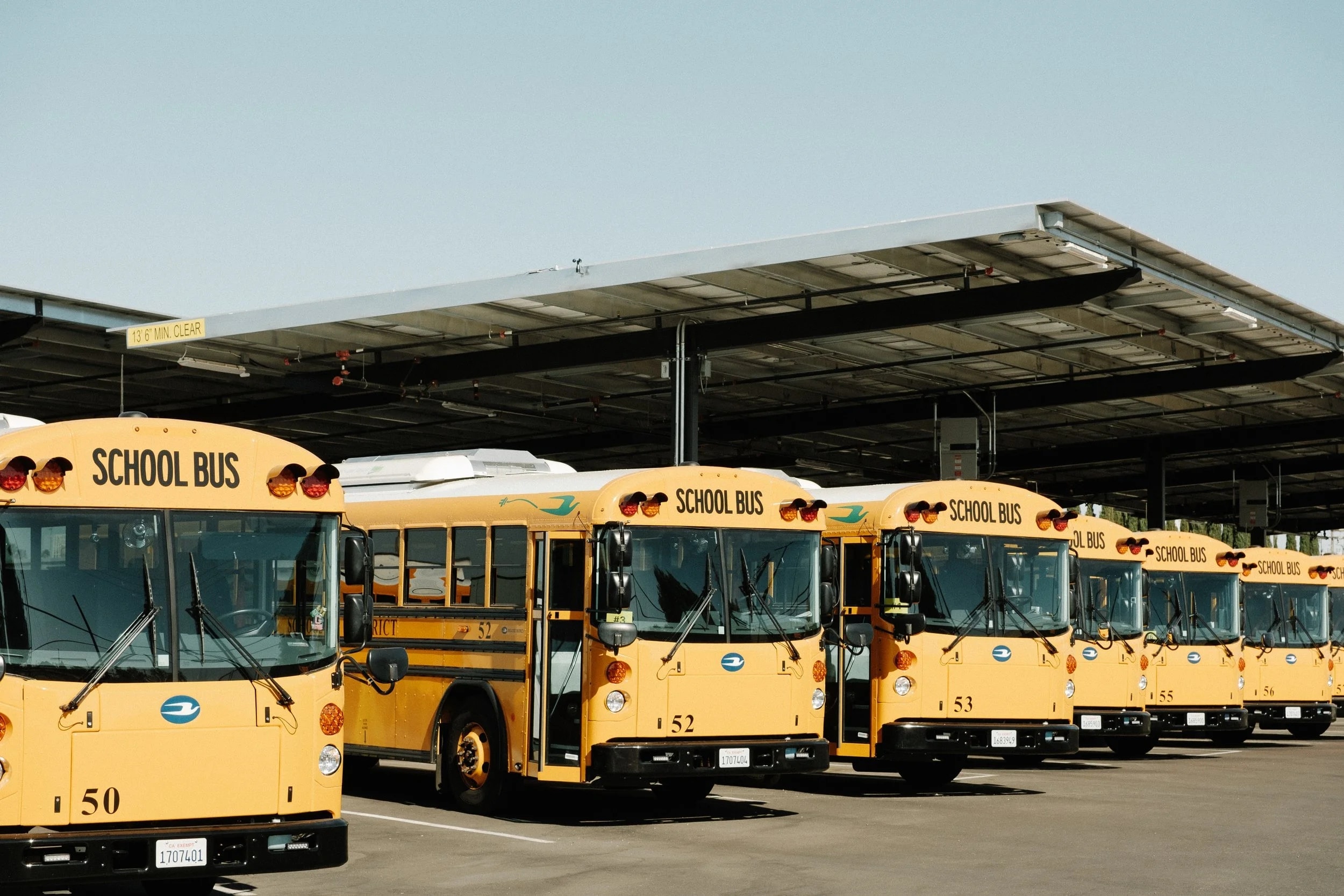 School bus fleet in a row